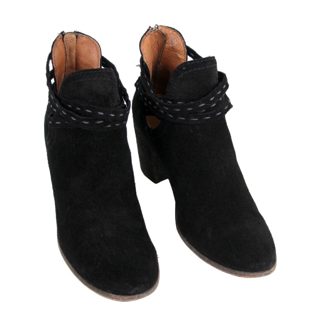 Frye BLACK REAL SUEDE MID HEEL STRAPPY ZIP BACKSIDE ROUND TOE ANKLE BOOTS Sz 7